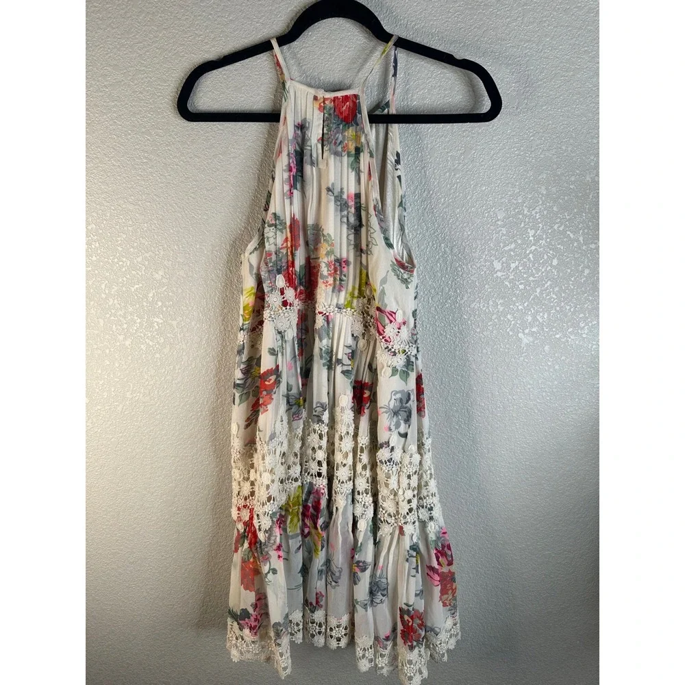 Ranna Gill Women's White Floral Crochet Lace Pleated Halter Mini Dress Size S